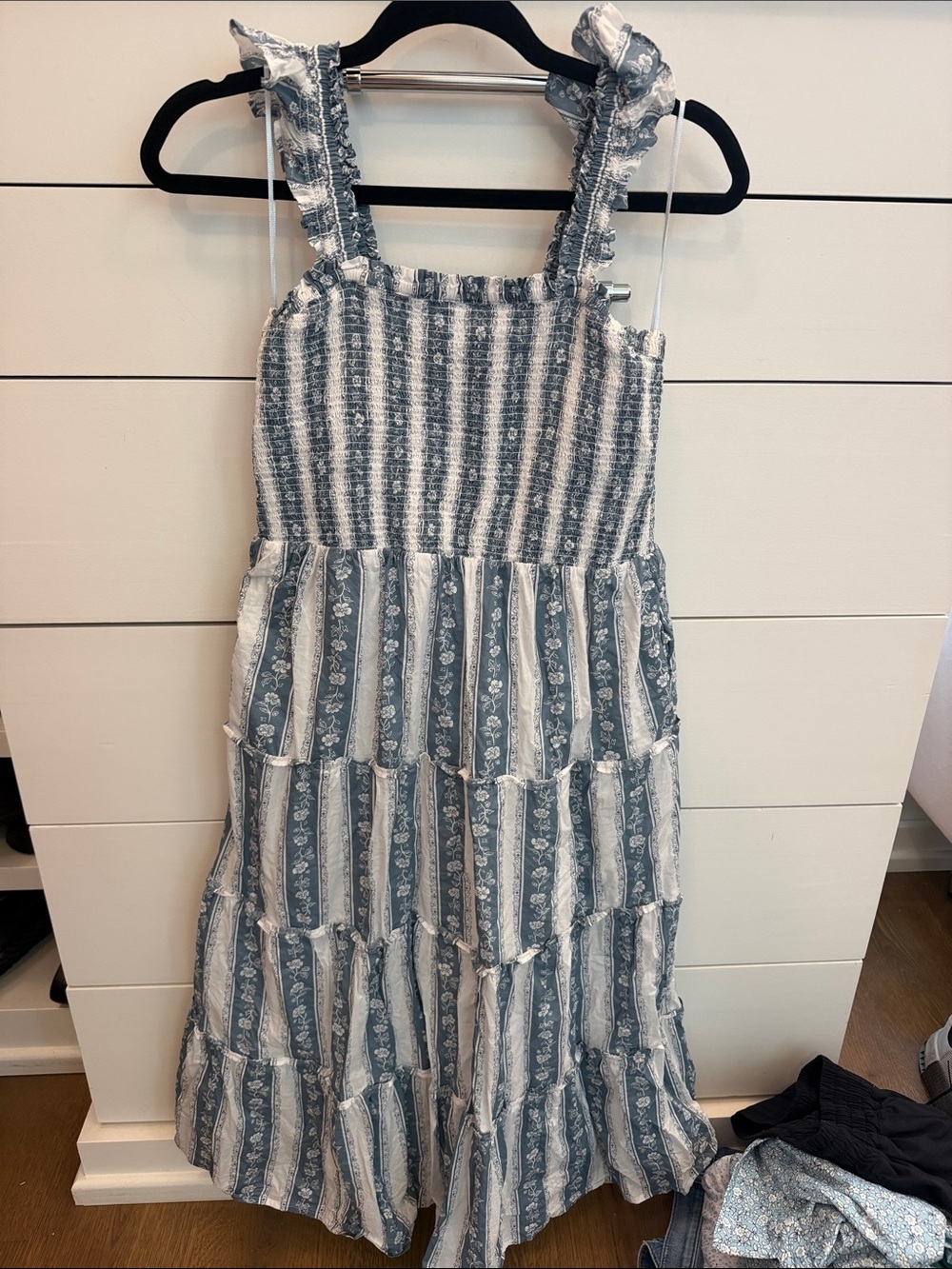 J. Crew Factory Blue and White Striped Ruffle-Shoulder Maxi Dress